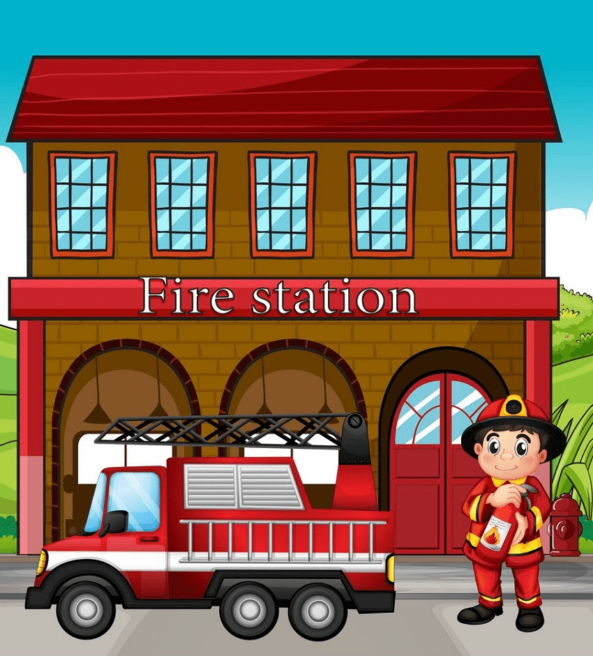 fireman with a fire truck in a fire station png