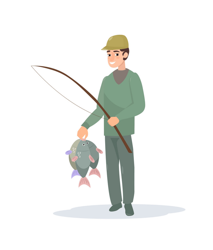 fisherman holding fishing pole and caught fish png