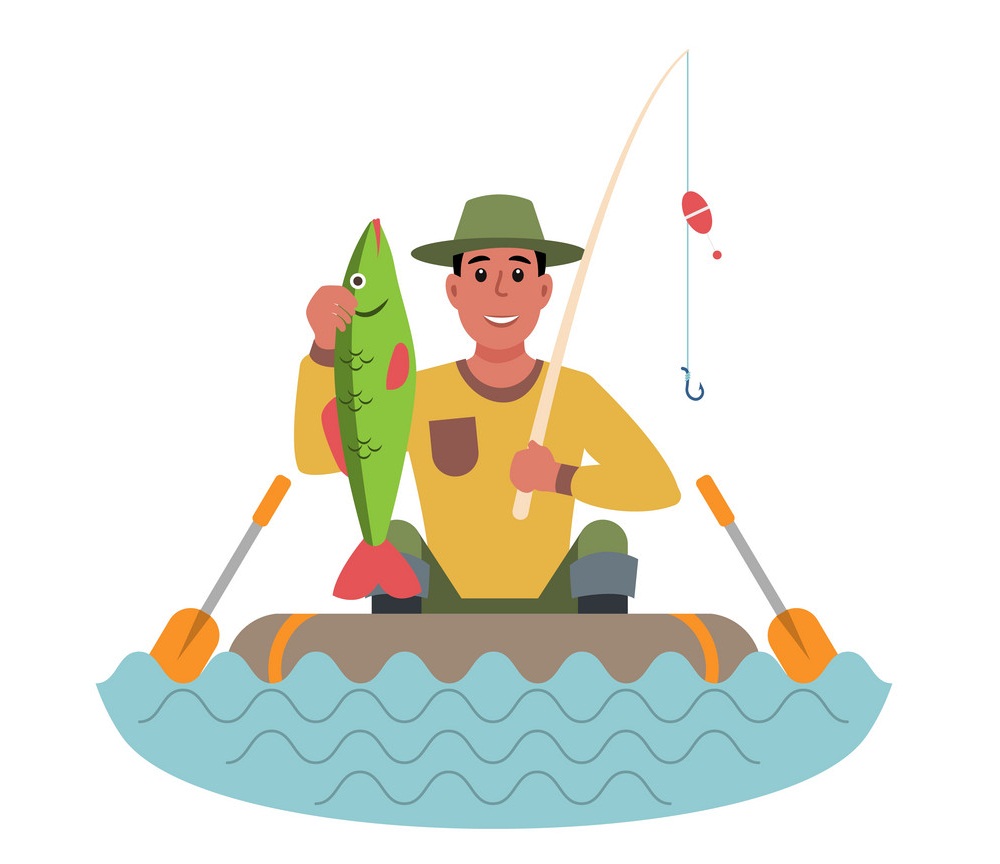fisherman on a boat with fishing pole and a big fish