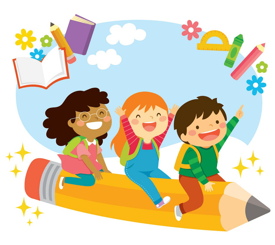 happy kids on flying pencil png