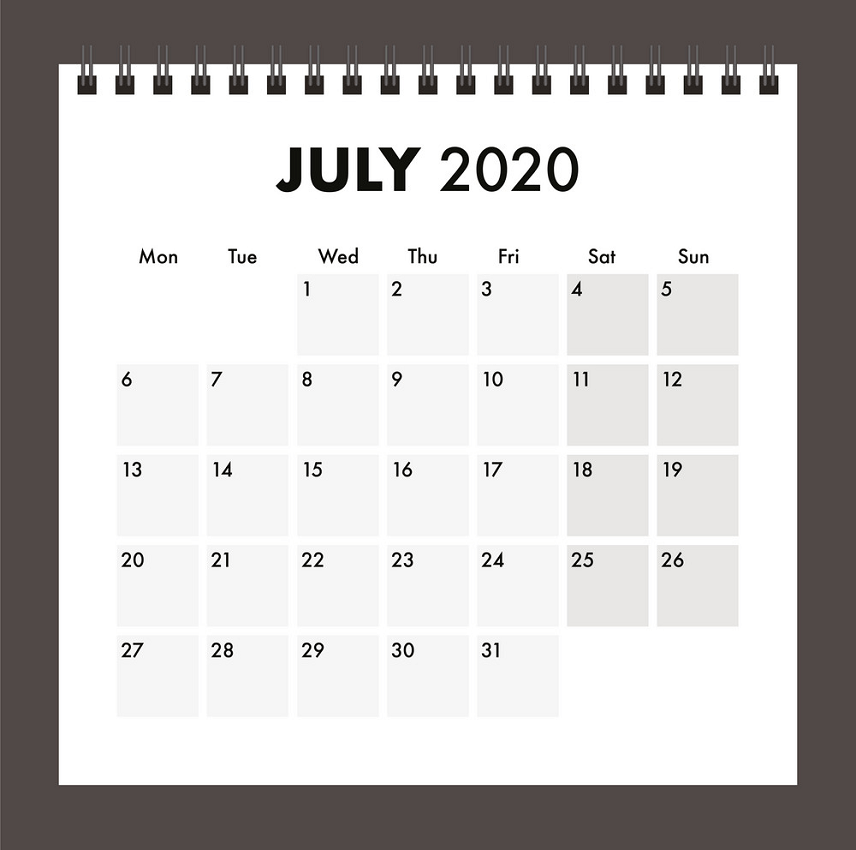 july 2020 calendar with wire band png