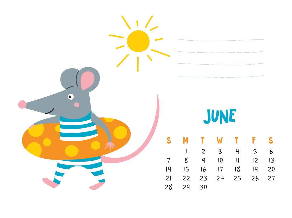 june calendar page with cute rat png