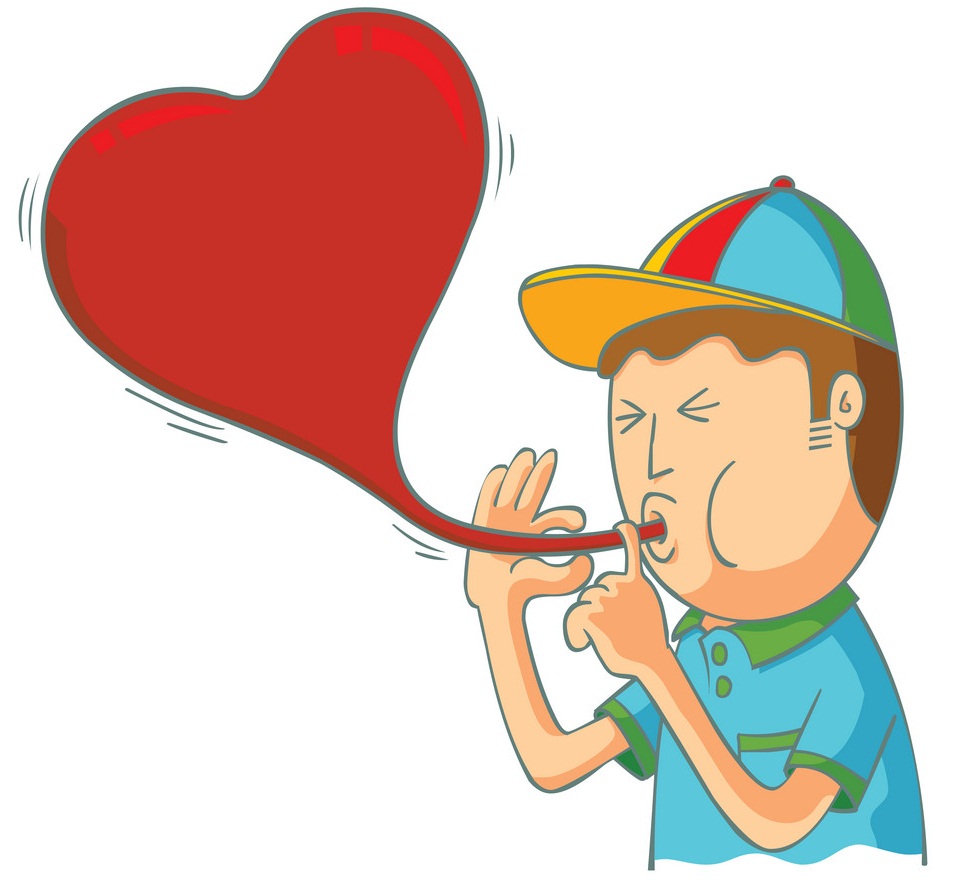 kid blowing love balloon
