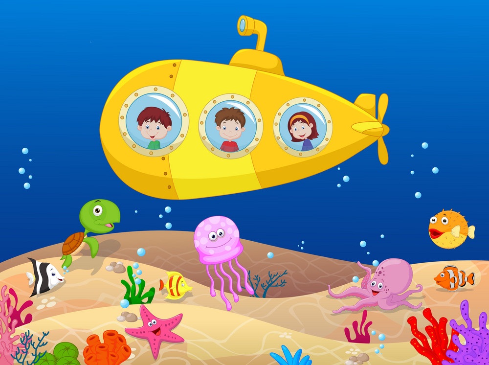 kids in submarine under the ocean