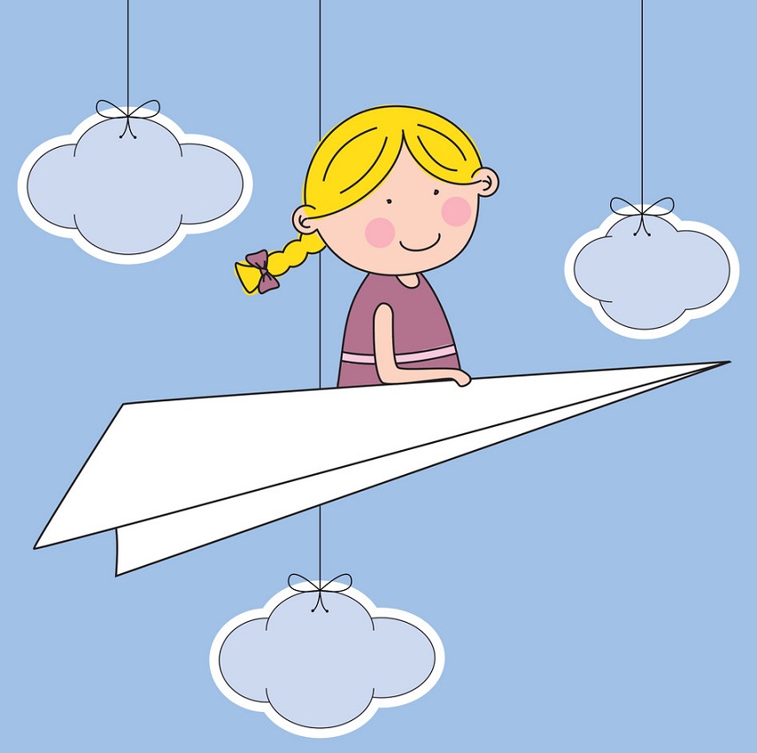 little girl on paper airplane