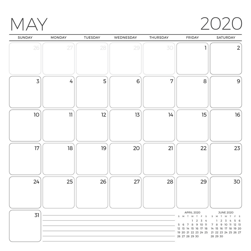 may 2020 monthly calendar planner template png