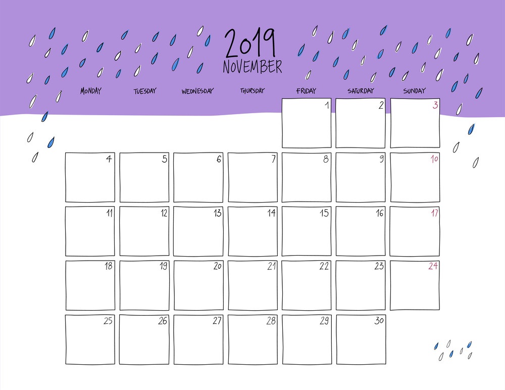 november 2019 wall calendar doodle style