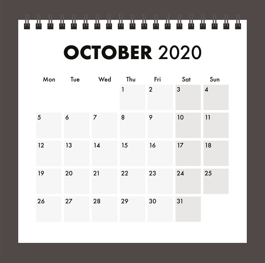 october 2020 calendar with wire band