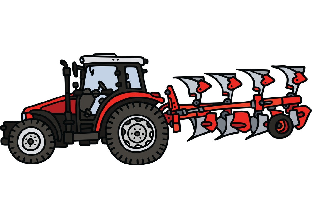 red tractor with a plow