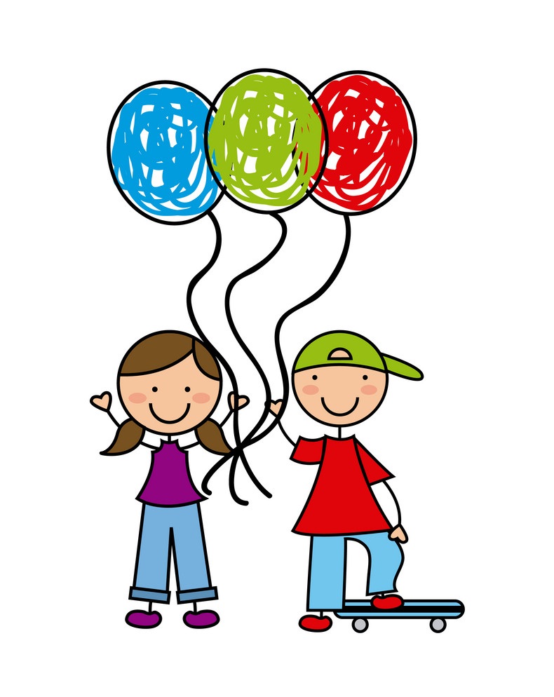 two kids with balloons drawing