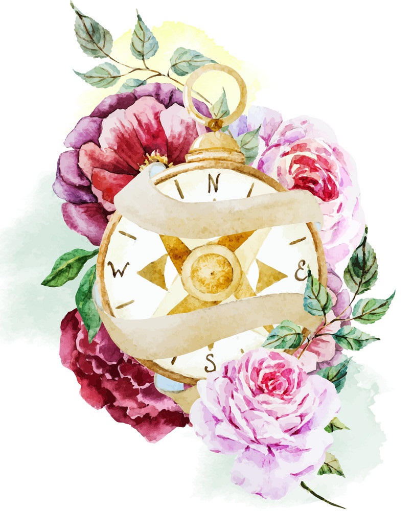 watercolor compass and flowers