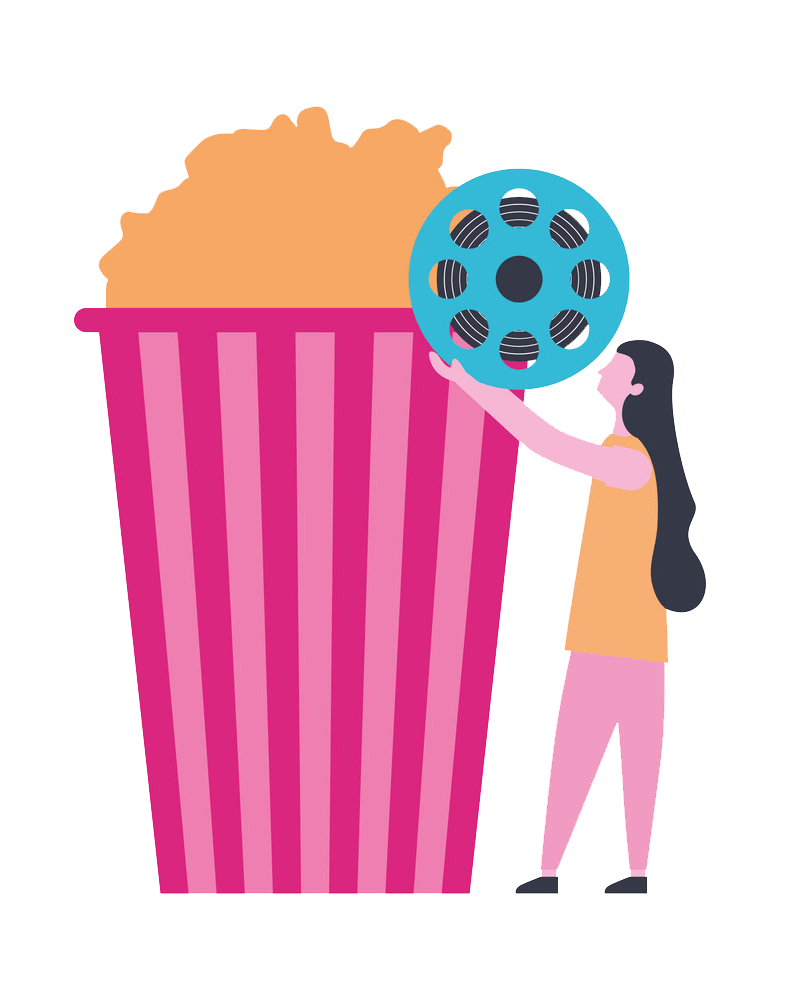 woman with reel strip cinema popcorn png transparent