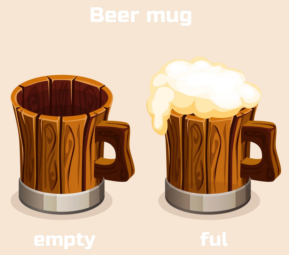 wooden empty and full beer mugs