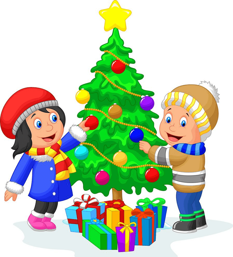 Kids and Christmas Tree clipart