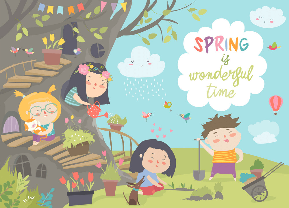 Kids with Spring clipart