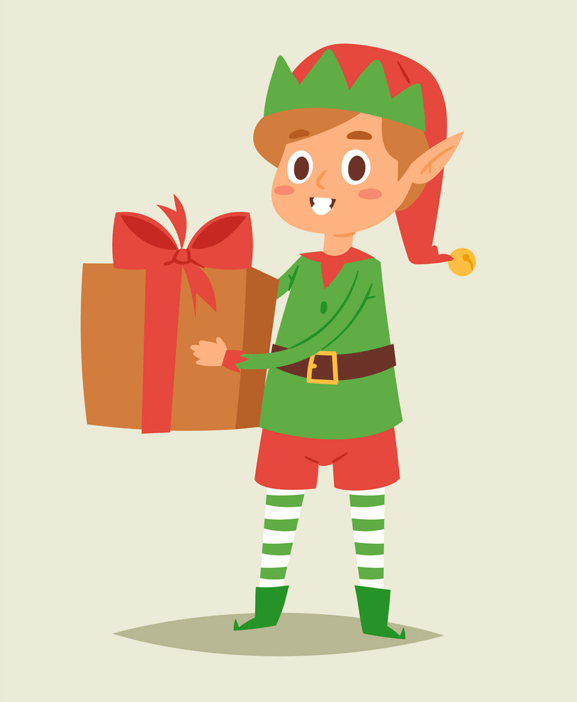 Christmas Elf Holding a Gift Box clipart