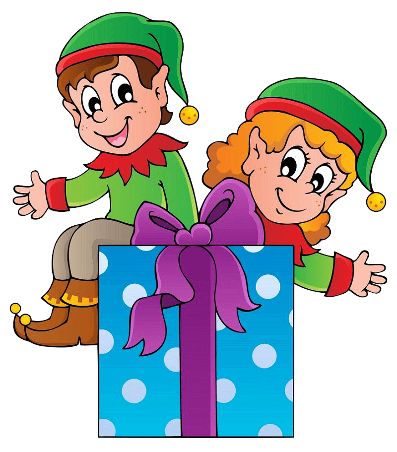 Christmas Elves and a Gift Box clipart transparent
