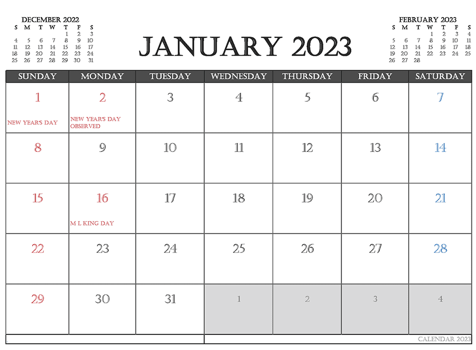 January 2023 Calendar Clipart Images