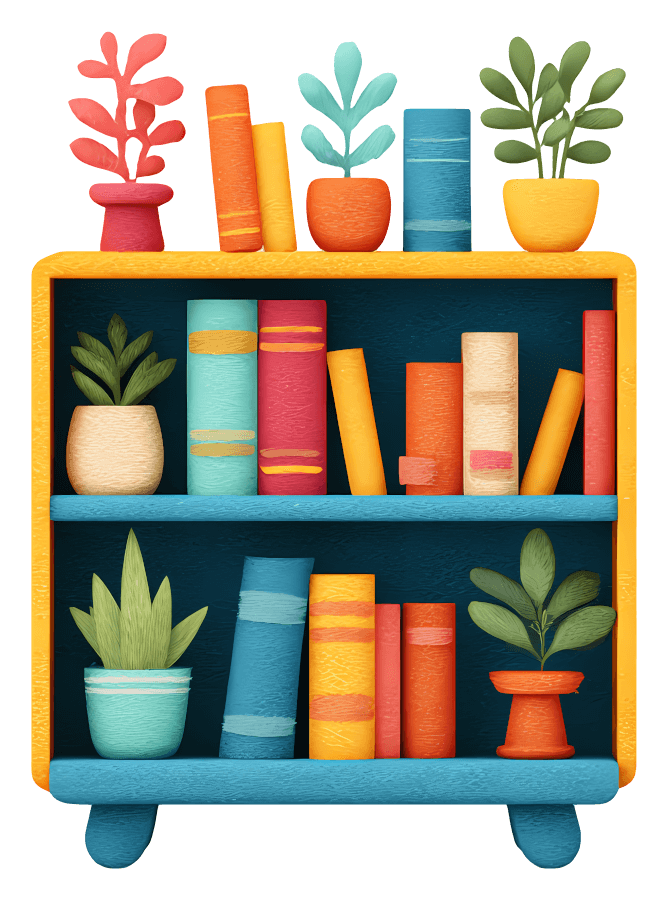 Colorful Bookshelf with Plants Illustration